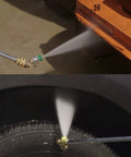 Installed M MINGLE pressure washer nozzle with brass fittings and green tip, 1/4-inch quick-connect, spraying tire.