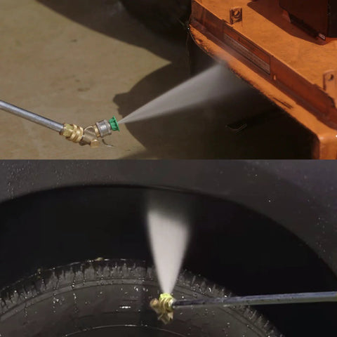 Installed M MINGLE pressure washer nozzle with brass fittings and green tip, 1/4-inch quick-connect, spraying tire.