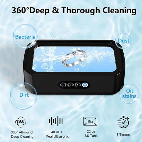Beast Mode Ultrasonic Jewelry Cleaner 48KHz 22oz Upgraded 2025 Model with ring inside, 360° cleaning, SS tank, 3 timers.