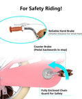 Close-up of 14 Inch Pink Princess Kids Bike for Girls Aged 3 to 5 with training wheels, showing hand brake and chain guard