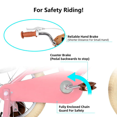 Close-up of 14 Inch Pink Princess Kids Bike for Girls Aged 3 to 5 with training wheels, showing hand brake and chain guard