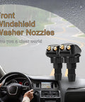 Two Pack Car Front Windshield Washer Nozzles Double Hole Straight Column Sprayer Nozzle For Most Vehicles Durable Nylon Wiper Spray Jet Replacement Easy Install displayed above a driving dashboard with road view