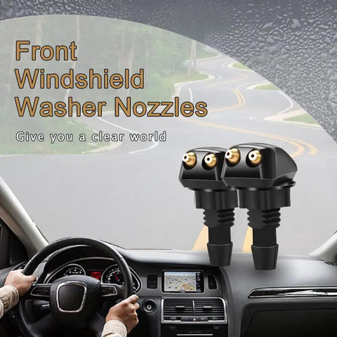 Two Pack Car Front Windshield Washer Nozzles Double Hole Straight Column Sprayer Nozzle For Most Vehicles Durable Nylon Wiper Spray Jet Replacement Easy Install displayed above a driving dashboard with road view