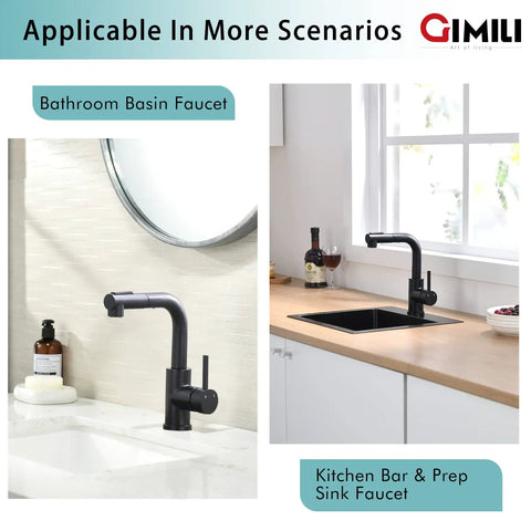Modern Bar Sink Faucet With Pull Out Sprayer, Single Handle, Matte Black Kitchen Faucet With Joystick Control in kitchen setting