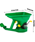 Cordless Handheld Seed And Fertilizer Spreader With Adjustable Feed Rate Portable Broadcast Spreader in green color with dimensions shown
