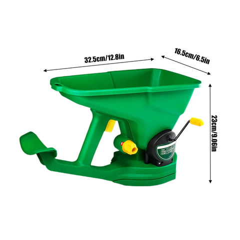 Cordless Handheld Seed And Fertilizer Spreader With Adjustable Feed Rate Portable Broadcast Spreader in green color with dimensions shown