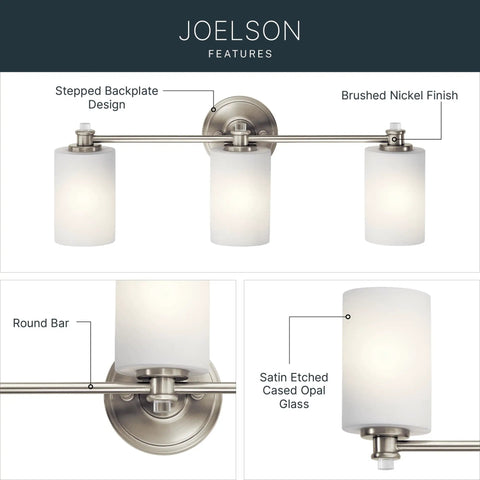 Sleek 3 Light Vanity Light With Satin Etched Opal Glass And Clear Glass Accents In Brushed Nickel Finish, close-up on round bar.