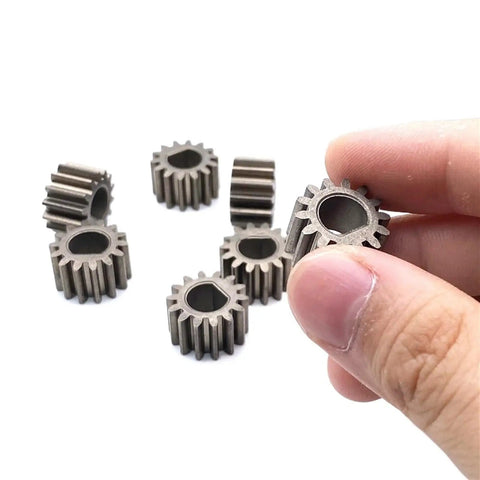 Beefy Helical Gear Set 10 Pieces 1M 14T D-Hole 8mm Metal Motor Gear with 14 Teeth shown close-up in hand