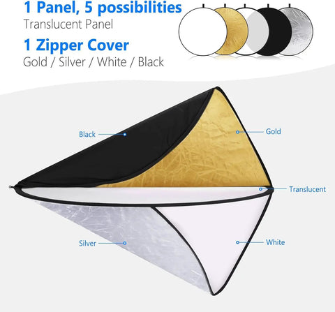 43 Inch 110cm 5 In 1 Collapsible Light Reflector Diffuser With Bag For Studio And Outdoor Photography Translucent Silver Gold White Black Disc Reflector Kit showing layered discs.