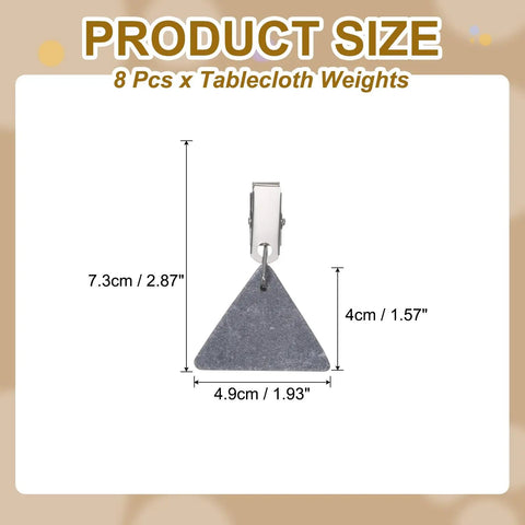 Eight Piece Marble Tablecloth Weights With Metal Clips Triangle Pendant 4.5x4.5 Cm, size illustration shown.