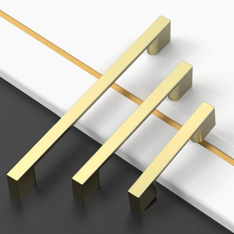 Three brushed brass cabinet pulls in varying sizes displayed on a contrasting background. Focus keyword: 10 Pack 7.5 Inch Brushed Brass Cabinet Pulls For Kitchen Cabinets And Cupboards Durable Brushed Gold Drawer Handles 192mm Length Easy Install Premium Cabinet Hardware For Doors And Drawers.