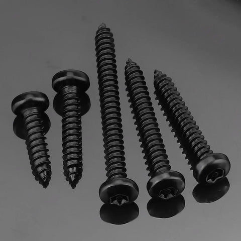 Trusted Shop Gear 100 Pack 10 X 1 Inch Black 304 Stainless Steel Security Torx Pan Head Sheet Metal Screws showing various sizes.