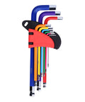 Top Tier 9 Piece Chrome Vanadium Hex Key Wrench Set with Textured Non Slip Grip For Tough Maintenance, Assembly Jobs At Home or Garage, Ball Flat Ends, Color Coded L Keys To Tackle Any Bolt, color-coded hex keys in holder