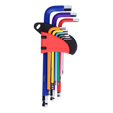 Top Tier 9 Piece Chrome Vanadium Hex Key Wrench Set with Textured Non Slip Grip For Tough Maintenance, Assembly Jobs At Home or Garage, Ball Flat Ends, Color Coded L Keys To Tackle Any Bolt, color-coded hex keys in holder