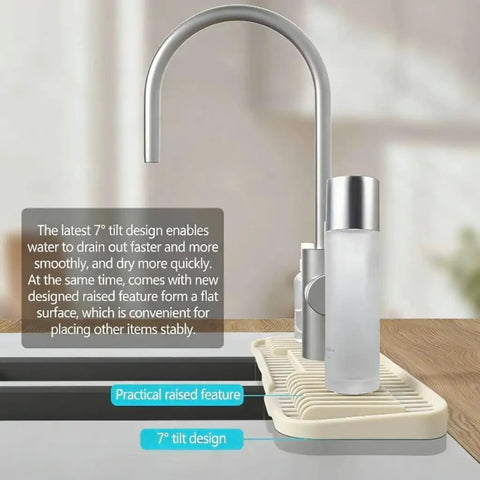 2nd Generation Silicone Faucet Mat, Kitchen Silicone Faucet Drip Catcher with Cuttable Circular Central for Kitchen Sink, Tailor-Made for Faucets with Deck Plate【Beige】 with 7° tilt design and practical raised feature.