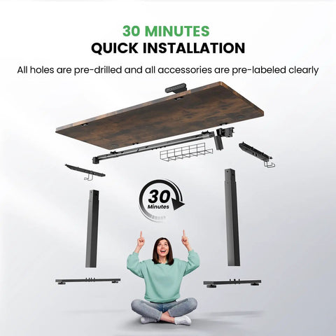 Electric Motorized Sit Stand Desk Adjustable Workstation 48 X 24 Inch Thick Desktop parts for quick 30 minute assembly.