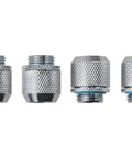 Four silver chrome PC water cooling compression fittings, G1/4 to 3/8 in ID 1/2 in tubing, straight joints, front view
