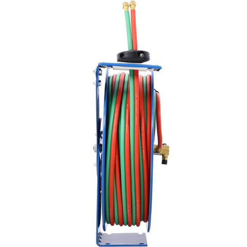 Retractable Welding Hose Reel With 1/4 Inch By 100 Foot Twin Oxygen And Acetylene Rubber Hoses, side view, steel frame
