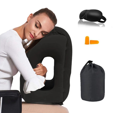 Woman resting on Inflatable Travel Neck Pillow With 3D Eye Mask And Earplugs, Portable Drawstring Bag for Sleep Support during travel