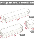 Clear Plastic Drawer Organizer Set, 6 Piece In Two Sizes For Makeup, Jewelry, Gadgets And More, showing 3 sizes with dimensions