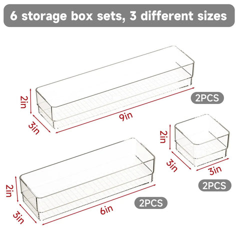 Clear Plastic Drawer Organizer Set, 6 Piece In Two Sizes For Makeup, Jewelry, Gadgets And More, showing 3 sizes with dimensions