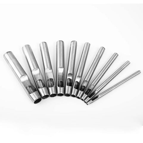 7 Piece Hollow Punch Set With Round Holes From 0.5mm To 5mm For Leather Craft Watch Bands And More showing various steel punch sizes.