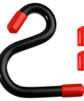S-shaped black metal hook with red plastic caps, separate from 8 Inch Spring Caliper And Divider Set For Wood Turning And Lathe Work Carbon Steel Long Inside And Outside Calipers With Lockable Springs Three Piece Measuring Kit For Precise Pro Grade Use In The Shop.