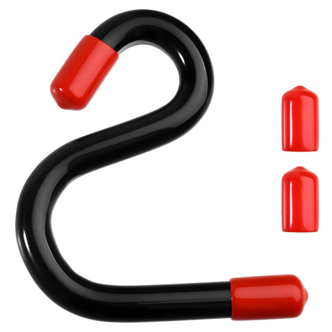 S-shaped black metal hook with red plastic caps, separate from 8 Inch Spring Caliper And Divider Set For Wood Turning And Lathe Work Carbon Steel Long Inside And Outside Calipers With Lockable Springs Three Piece Measuring Kit For Precise Pro Grade Use In The Shop.