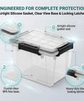 Hella Sturdy 19 Quart Stackable Storage Bin With Airtight Gasket Seal And Clear Body showcasing airtight seal, clear base, and black latches.