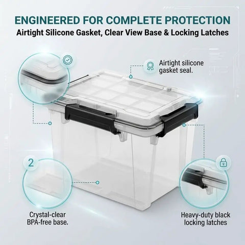 Hella Sturdy 19 Quart Stackable Storage Bin With Airtight Gasket Seal And Clear Body showcasing airtight seal, clear base, and black latches.