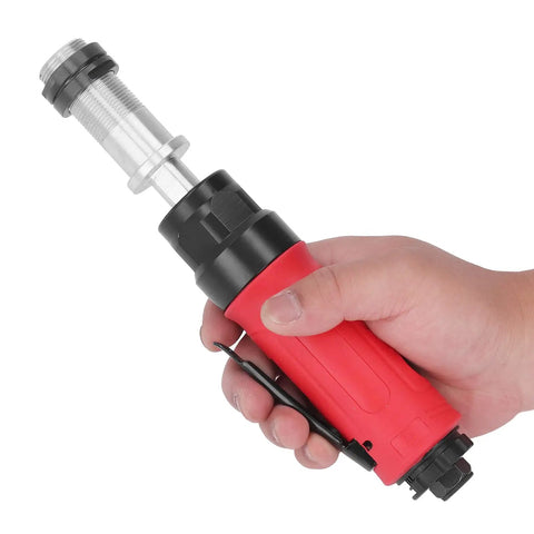 Slick And Smooth Air Straight Die Grinder Pneumatic Grinding Drilling Tool held in hand, featuring a lightweight aluminum body and quarter inch inlet.