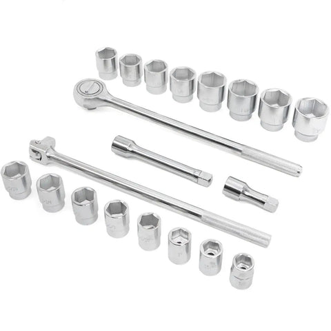 Heavy Duty 21 Piece Three Quarters Inch Drive Socket Set With 6 Point Sockets Ratchet Extension Bar And Flex Head For Auto Repair And Home Maintenance Your Go To Tools For Quick Jobs displayed on white background