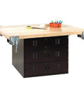 Shop Ready High Grade Steel Garage Workbench Hella Tough With Twelve Secure Horizontal Lockers And Four Heavy Duty Vises 64 By 54 By 33 Quarter Inches Matte Black showing maple top and lockers.
