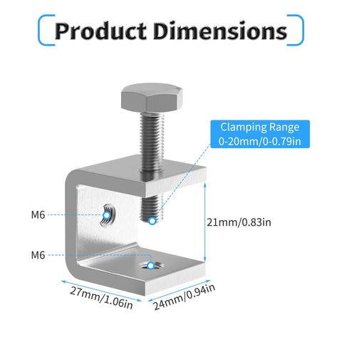 Beefy 2 Pack 20mm C Clamp Set Stainless Steel 304 Small Screw Clamp with 0 to 20mm Clamping Range M6 Thread Ideal for Small and Medium Projects For Any Job. Product Dimensions chart with 20mm clamp and M6 thread