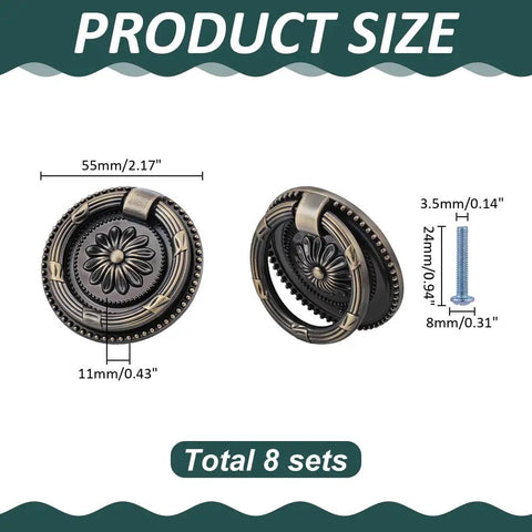 Antique Bronze Drawer Pull Ring Set 8 Pack 2.2 Inch Alloy Cabinet Knobs with screws, showing size dimensions and design details.