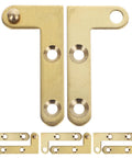 360 Degree Rotatable Door Pivot Hinges Set With Four L Shape Concealed Hardware And Screws For Bookcase Cabinet Window And Door Durable Wear Resistant Tough as Nails Hidden Pivot Hinge For Bedroom Kitchen Basement Smooth Finish And Clean Elegant Look, showing brass hinges and plates.