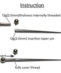 12G 2.0mm Stainless Steel Insertion Taper Pin for Piercing Stretching, 316L Implant Grade Hollow End Calor Style Tool, Gauge Up From 14G to 12G, No Thread Inside, 60mm Length, stainless piercing taper with threaded bar end