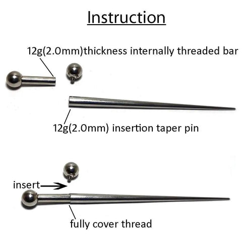 12G 2.0mm Stainless Steel Insertion Taper Pin for Piercing Stretching, 316L Implant Grade Hollow End Calor Style Tool, Gauge Up From 14G to 12G, No Thread Inside, 60mm Length, stainless piercing taper with threaded bar end