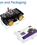 Four Wheel Drive Robot Car Kit Compatible With Arduino IDE Featuring Line Tracking And Obstacle Avoidance Wireless Control App Ultrasonic Sensor And Servo Motor DIY Ready Battery Not Included shown with packaging.