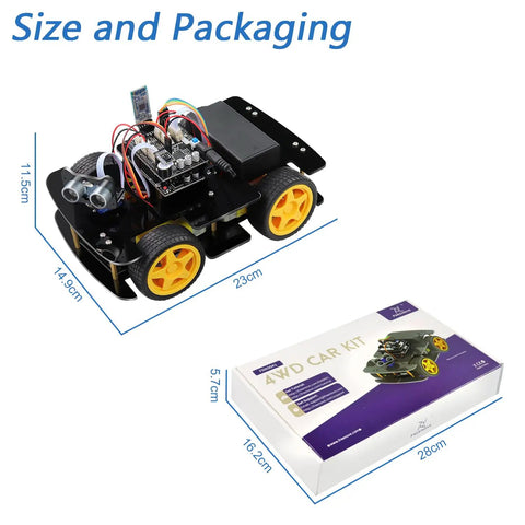 Four Wheel Drive Robot Car Kit Compatible With Arduino IDE Featuring Line Tracking And Obstacle Avoidance Wireless Control App Ultrasonic Sensor And Servo Motor DIY Ready Battery Not Included shown with packaging.