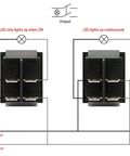 Diagram showing Rocker Switch On Off DPST 4 Terminals With Red Indicator Light 16A 250VAC, illustrating LED lighting functions.