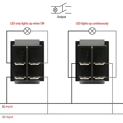 Diagram showing Rocker Switch On Off DPST 4 Terminals With Red Indicator Light 16A 250VAC, illustrating LED lighting functions.