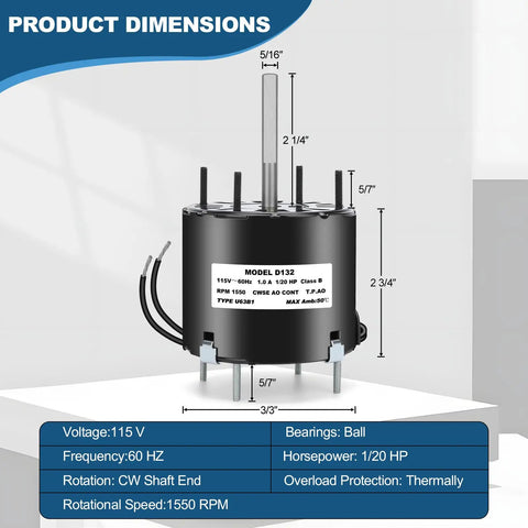 Dimensions of 3.3 Inch Frame Shaded Pole Motor 1/20 HP, 1550 RPM, 115V 60Hz, Low Noise, Smooth Ride, Sleeve Bearing, CW Rotation