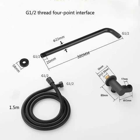 UMJIGF Shower System with Tub Spout, Black Shower Faucet Set 8 Inch components including hose, spout, and valves for installation.