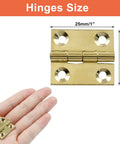 Hand holding mini brass hinge, 8 Pack 1 Inch Mini Solid Brass Butt Hinges For Small Cabinets Boxes Drawers And Gates With Mounting Screws DIY Friendly.
