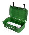 Badass Heavy Duty Outdoor Electrical Box With IP54 Weatherproof Rating open, showing white power strip and cables inside, green polymer body.