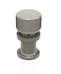 KF16 flange vent valve, metal body with knurled cap and green seal, front view