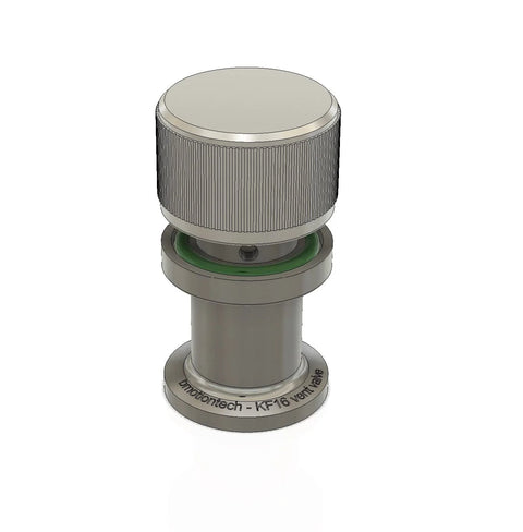 KF16 flange vent valve, metal body with knurled cap and green seal, front view