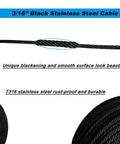 Heavy Duty Black Three Sixteenth Inch Wire Rope Cable In T316 Stainless Steel Marine Grade, close-up detail view