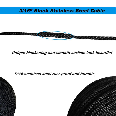 Heavy Duty Black Three Sixteenth Inch Wire Rope Cable In T316 Stainless Steel Marine Grade, close-up detail view